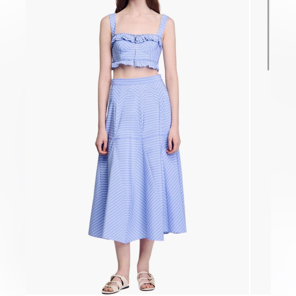 NWT Sandro Blue Striped Ruffle Corset Top & Midi Skirt Set - Picture 3 of 7